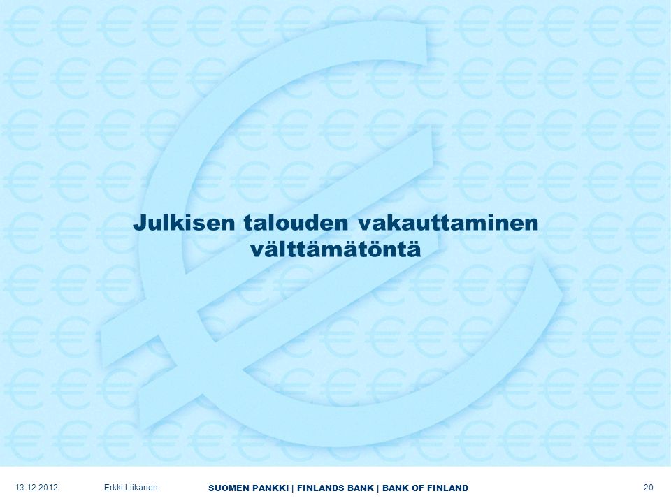SUOMEN PANKKI | FINLANDS BANK | BANK OF FINLAND Julkisen talouden vakauttaminen välttämätöntä Erkki Liikanen