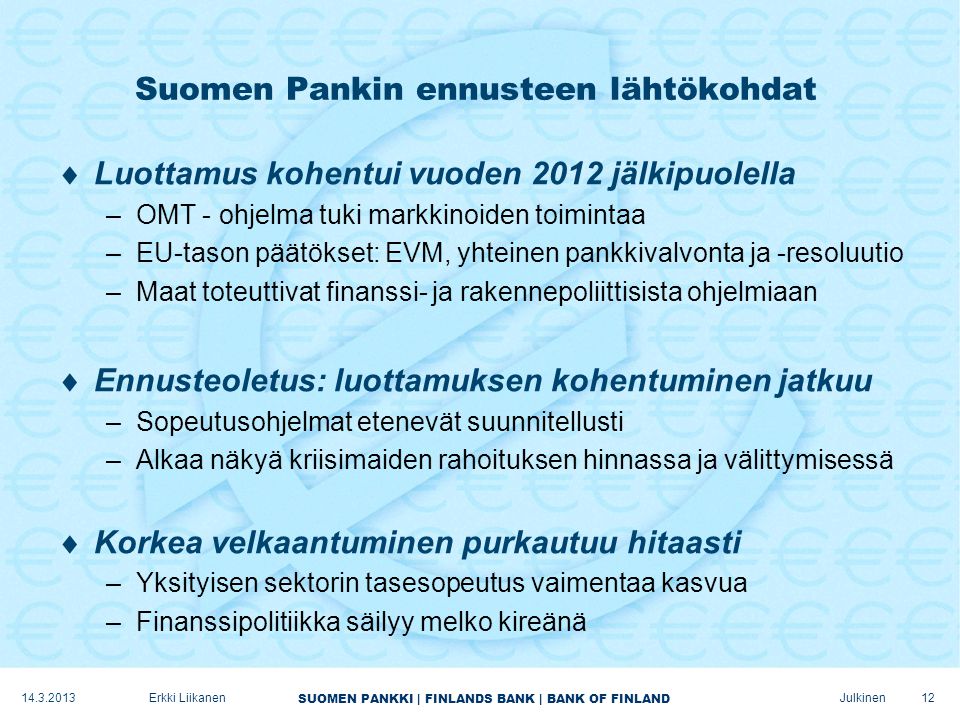 SUOMEN PANKKI | FINLANDS BANK | BANK OF FINLAND Julkinen Suomen Pankin ennusteen lähtökohdat  Luottamus kohentui vuoden 2012 jälkipuolella –OMT - ohjelma tuki markkinoiden toimintaa –EU-tason päätökset: EVM, yhteinen pankkivalvonta ja -resoluutio –Maat toteuttivat finanssi- ja rakennepoliittisista ohjelmiaan  Ennusteoletus: luottamuksen kohentuminen jatkuu –Sopeutusohjelmat etenevät suunnitellusti –Alkaa näkyä kriisimaiden rahoituksen hinnassa ja välittymisessä  Korkea velkaantuminen purkautuu hitaasti –Yksityisen sektorin tasesopeutus vaimentaa kasvua –Finanssipolitiikka säilyy melko kireänä Erkki Liikanen
