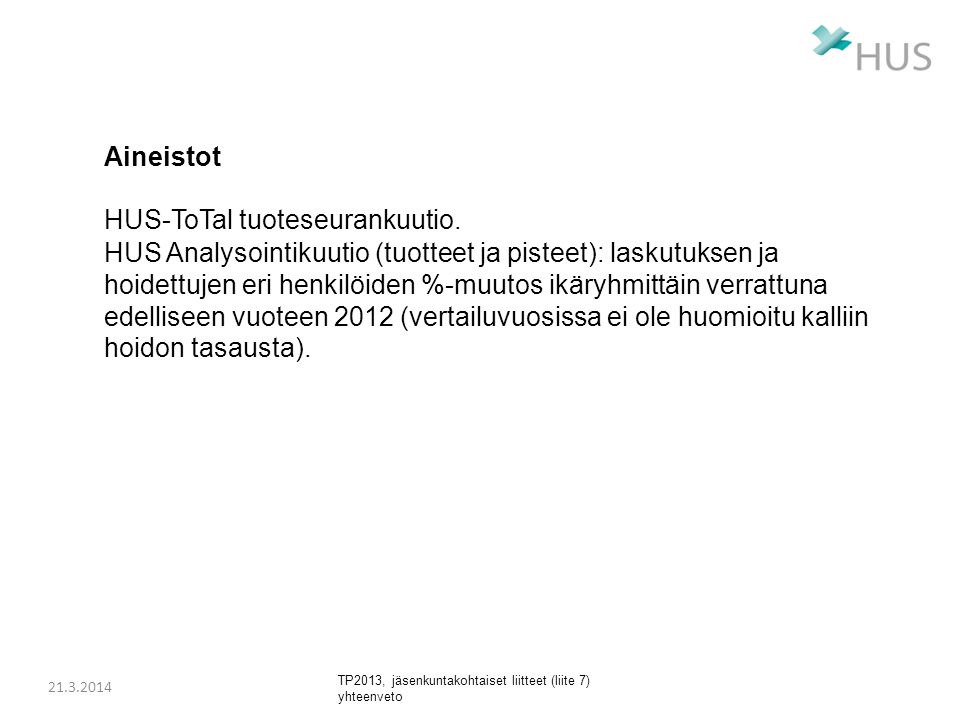 TP2013, jäsenkuntakohtaiset liitteet (liite 7) yhteenveto Aineistot HUS-ToTal tuoteseurankuutio.