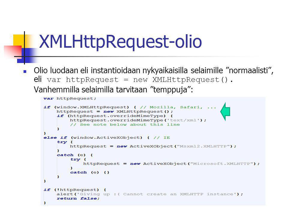 XMLHttpRequest-olio  Olio luodaan eli instantioidaan nykyaikaisilla selaimille normaalisti , eli var httpRequest = new XMLHttpRequest().