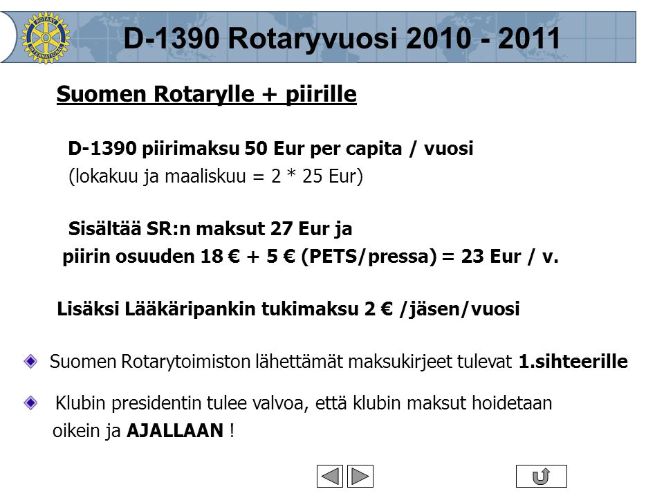 Suomen Rotary © 2007 •4•4 Suomen Rotarylle + piirille D-1390 piirimaksu 50 Eur per capita / vuosi (lokakuu ja maaliskuu = 2 * 25 Eur) Sisältää SR:n maksut 27 Eur ja piirin osuuden 18 € + 5 € (PETS/pressa) = 23 Eur / v.