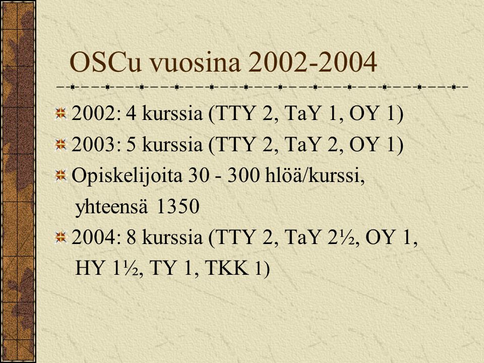 OSCu vuosina : 4 kurssia (TTY 2, TaY 1, OY 1) 2003: 5 kurssia (TTY 2, TaY 2, OY 1) Opiskelijoita hlöä/kurssi, yhteensä : 8 kurssia (TTY 2, TaY 2½, OY 1, HY 1½, TY 1, TKK 1)