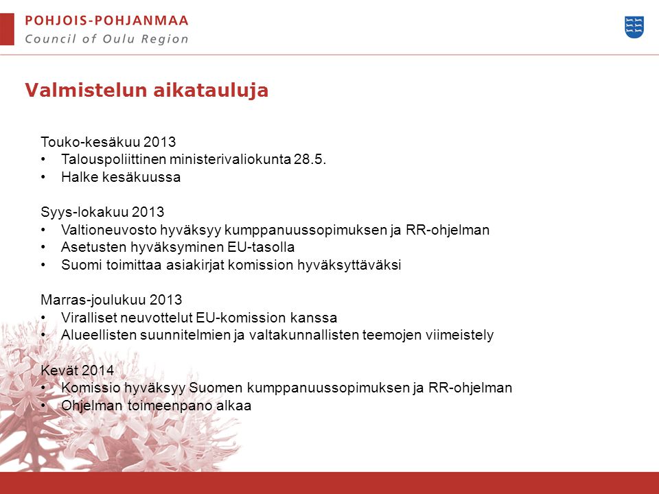 Valmistelun aikatauluja Touko-kesäkuu 2013 •Talouspoliittinen ministerivaliokunta 28.5.