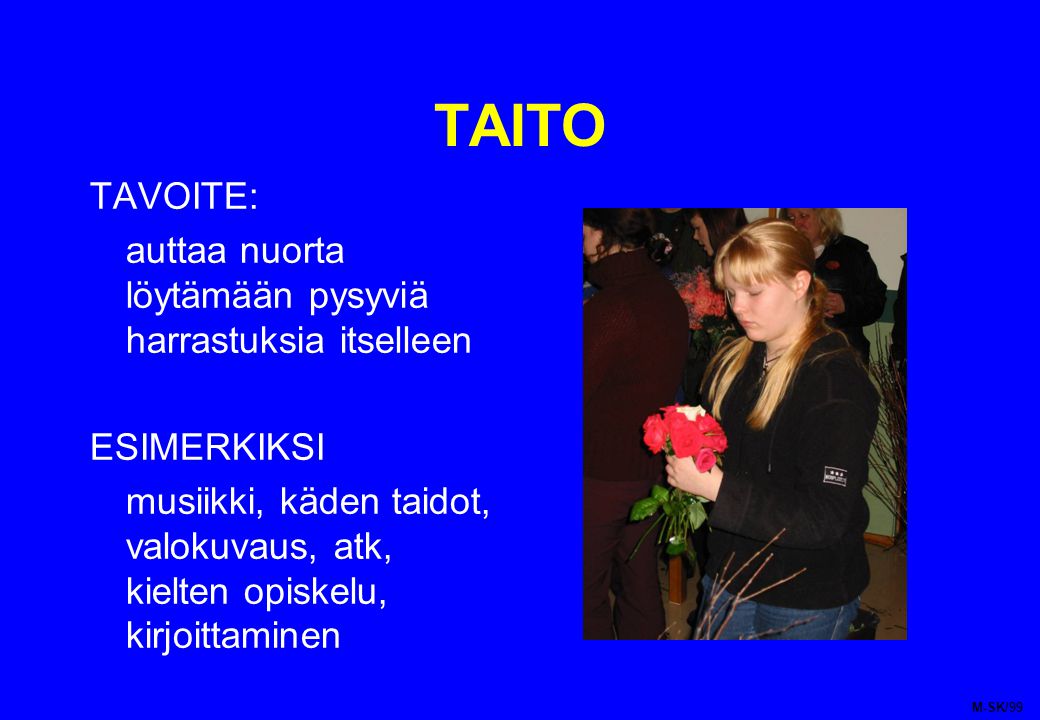 TAITO TAVOITE: auttaa nuorta löytämään pysyviä harrastuksia itselleen ESIMERKIKSI musiikki, käden taidot, valokuvaus, atk, kielten opiskelu, kirjoittaminen M-SK/99