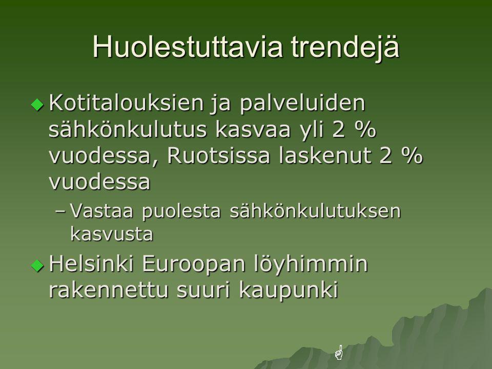  Kotitalouksien ja palveluiden sähkönkulutus kasvaa yli 2 % vuodessa, Ruotsissa laskenut 2 % vuodessa –Vastaa puolesta sähkönkulutuksen kasvusta  Helsinki Euroopan löyhimmin rakennettu suuri kaupunki Huolestuttavia trendejä