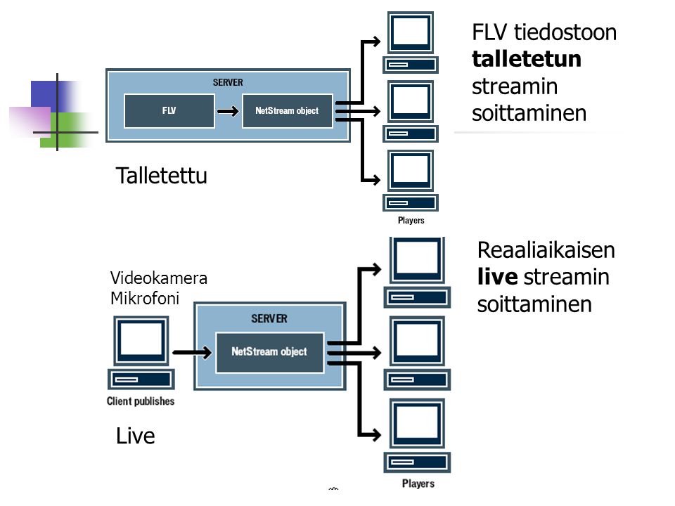 FLV tiedostoon talletetun streamin soittaminen Reaaliaikaisen live streamin soittaminen Talletettu Live Videokamera Mikrofoni