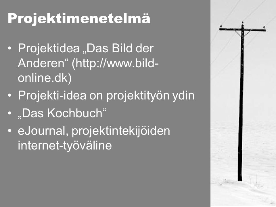 Projektimenetelmä •Projektidea „Das Bild der Anderen (  online.dk) •Projekti-idea on projektityön ydin •„Das Kochbuch •eJournal, projektintekijöiden internet-työväline