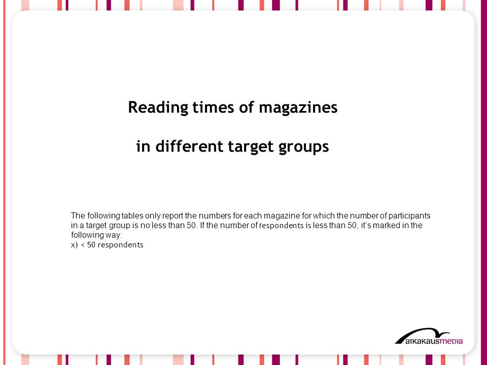 4 Reading times of magazines in different target groups The following tables only report the numbers for each magazine for which the number of participants in a target group is no less than 50.