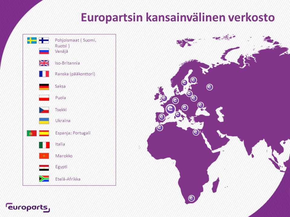 Europartsin kansainvälinen verkosto Pohjoismaat ( Suomi, Ruotsi ) Venäjä Iso-Britannia Ranska (pääkonttori) Saksa Puola Tsekki Ukraina Espanja; Portugali Italia Marokko Egypti Etelä-Afrikka
