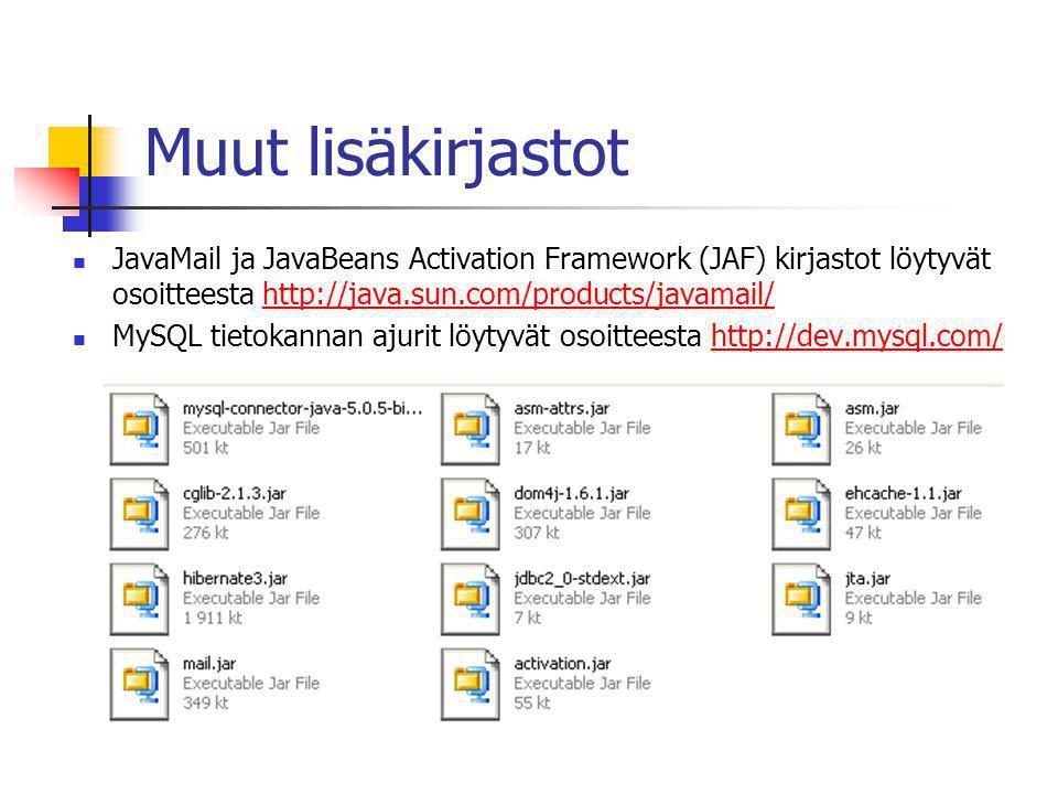 Muut lisäkirjastot  JavaMail ja JavaBeans Activation Framework (JAF) kirjastot löytyvät osoitteesta    MySQL tietokannan ajurit löytyvät osoitteesta