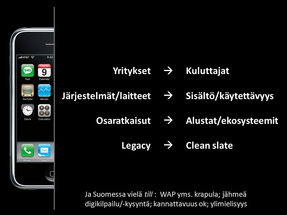 Yritykset Järjestelmät/laitteet Osaratkaisut Legacy Kuluttajat Sisältö/käytettävyys Alustat/ekosysteemit Clean slate  Ja Suomessa vielä till : WAP yms.