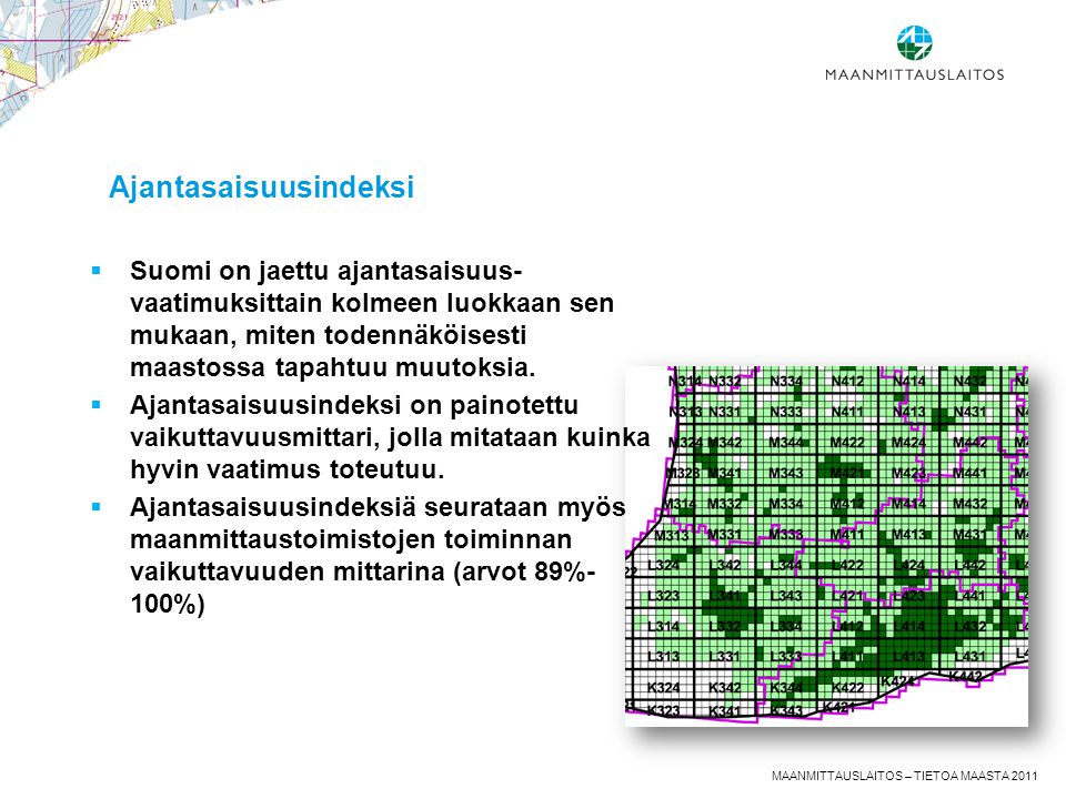  Suomi on jaettu ajantasaisuus- vaatimuksittain kolmeen luokkaan sen mukaan, miten todennäköisesti maastossa tapahtuu muutoksia.