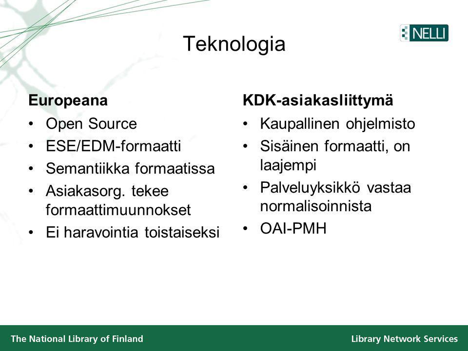 Teknologia Europeana •Open Source •ESE/EDM-formaatti •Semantiikka formaatissa •Asiakasorg.