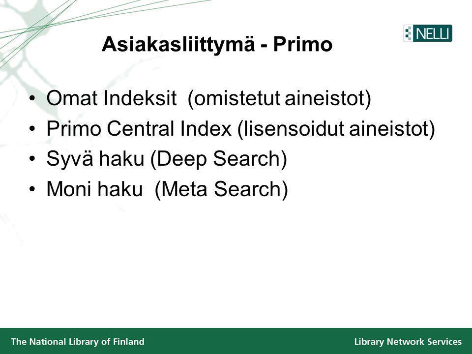 Asiakasliittymä - Primo •Omat Indeksit (omistetut aineistot) •Primo Central Index (lisensoidut aineistot) •Syvä haku (Deep Search) •Moni haku (Meta Search)