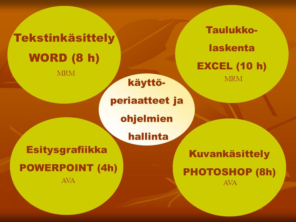 Tekstinkäsittely WORD (8 h) MRM Taulukko- laskenta EXCEL (10 h) MRM Esitysgrafiikka POWERPOINT (4h) AVA Kuvankäsittely PHOTOSHOP (8h) AVA käyttö- periaatteet ja ohjelmien hallinta