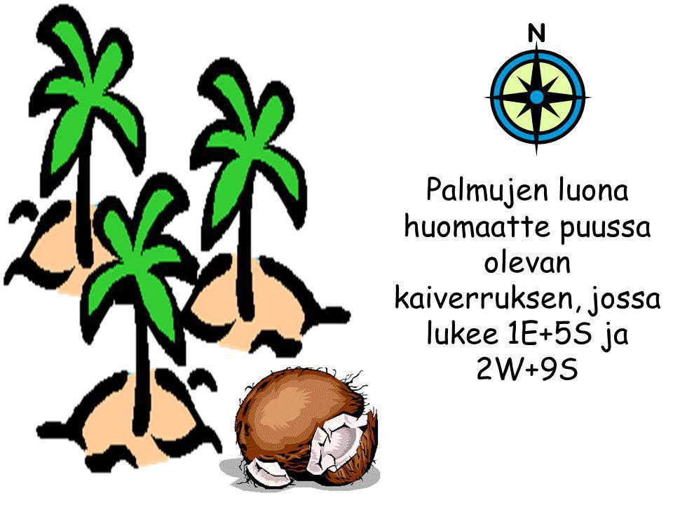 Palmujen luona huomaatte puussa olevan kaiverruksen, jossa lukee 1E+5S ja 2W+9S