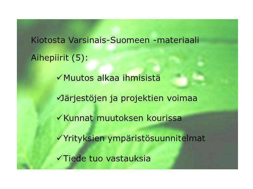 Kiotosta Varsinais-Suomeen -materiaali Aihepiirit (5):  Muutos alkaa ihmisistä  Järjestöjen ja projektien voimaa  Kunnat muutoksen kourissa  Yrityksien ympäristösuunnitelmat  Tiede tuo vastauksia