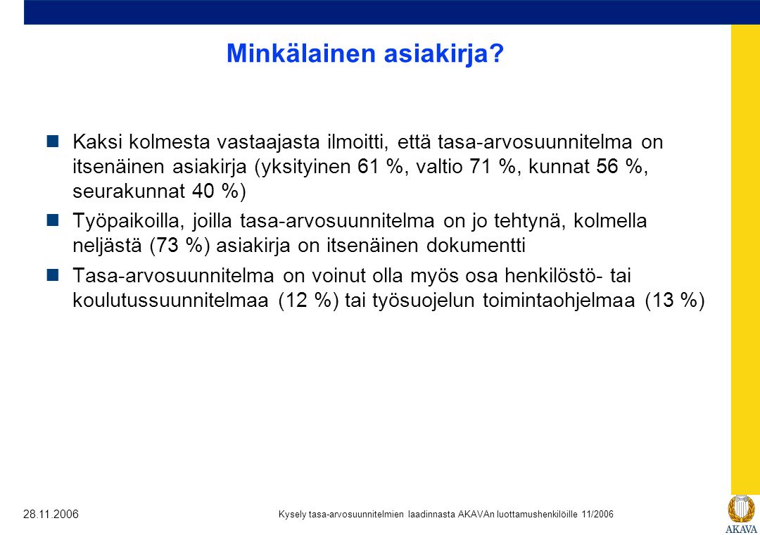 Kysely tasa-arvosuunnitelmien laadinnasta AKAVAn luottamushenkilöille 11/ Minkälainen asiakirja.
