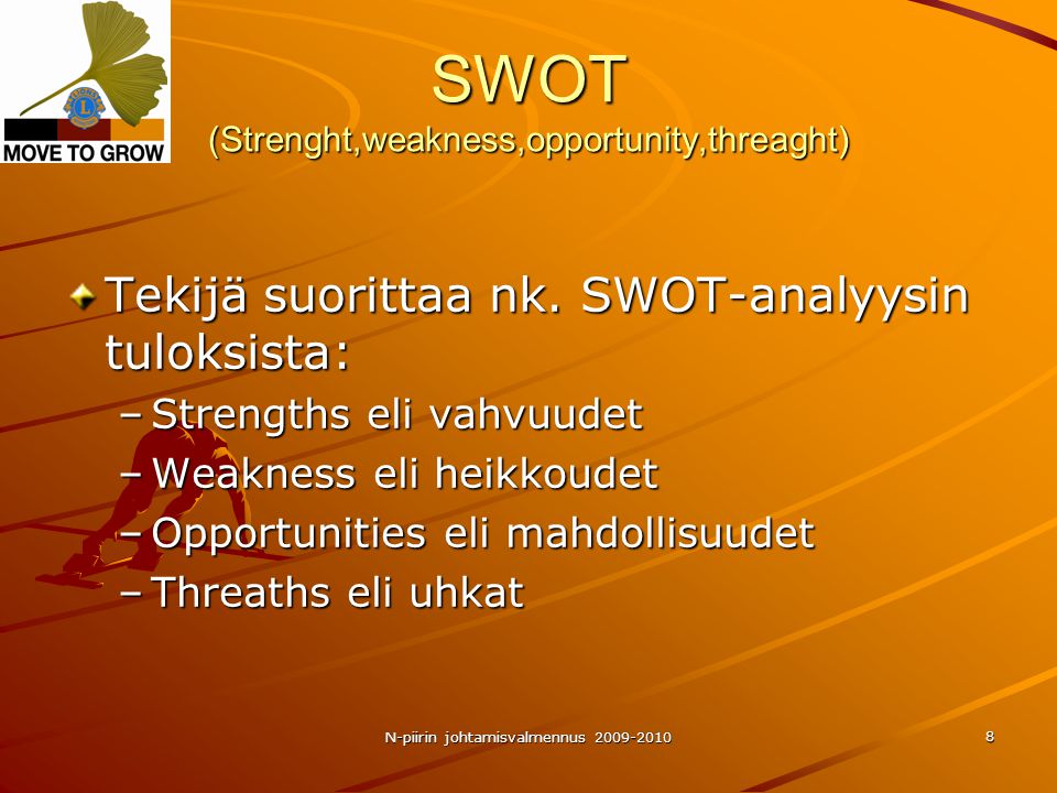 N-piirin johtamisvalmennus SWOT (Strenght,weakness,opportunity,threaght) Tekijä suorittaa nk.
