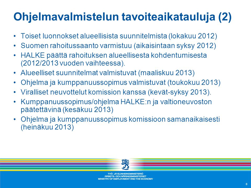 Ohjelmavalmistelun tavoiteaikatauluja (2) •Toiset luonnokset alueellisista suunnitelmista (lokakuu 2012) •Suomen rahoitussaanto varmistuu (aikaisintaan syksy 2012) •HALKE päättä rahoituksen alueellisesta kohdentumisesta (2012/2013 vuoden vaihteessa).