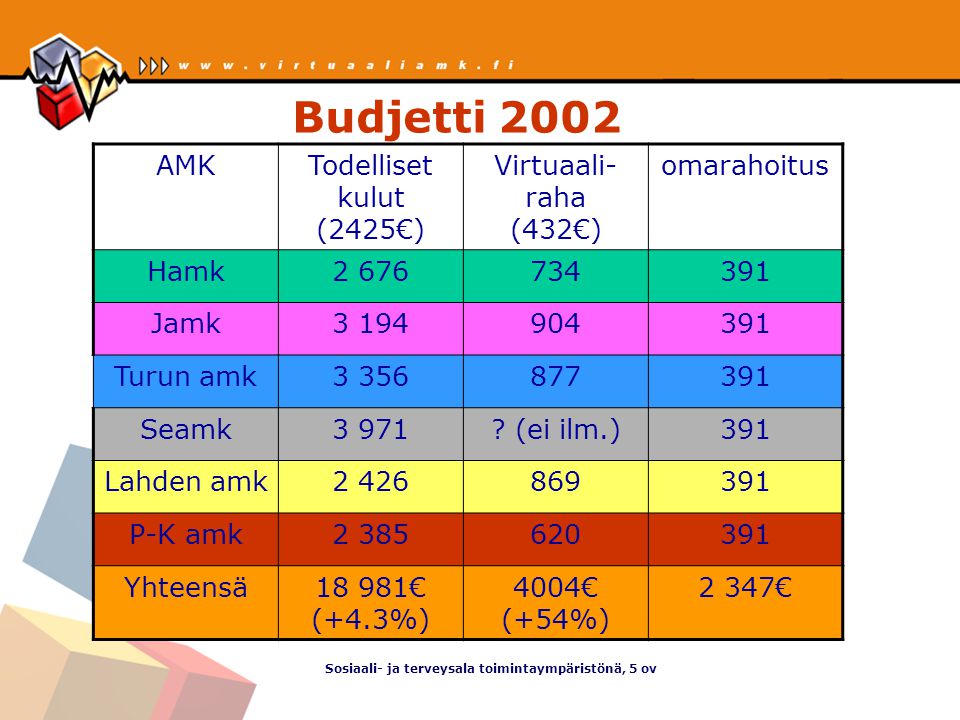 Sosiaali- ja terveysala toimintaympäristönä, 5 ov Budjetti 2002 AMKTodelliset kulut (2425€) Virtuaali- raha (432€) omarahoitus Hamk Jamk Turun amk Seamk3 971.