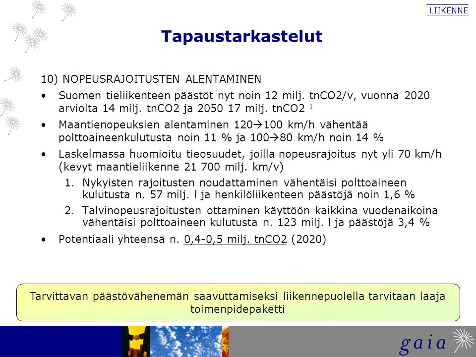 Tapaustarkastelut 10) NOPEUSRAJOITUSTEN ALENTAMINEN Suomen tieliikenteen päästöt nyt noin 12 milj.