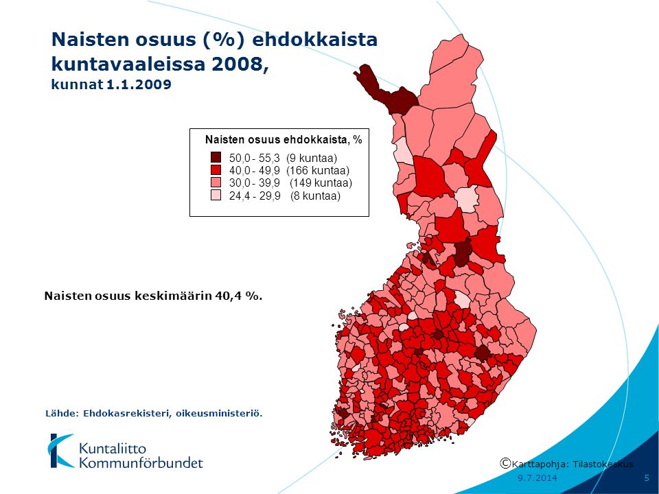 Naisten osuus (%) ehdokkaista kuntavaaleissa 2008, kunnat Naisten osuus keskimäärin 40,4 %.