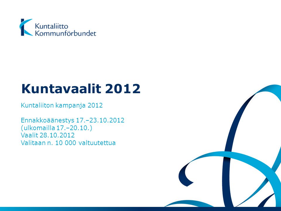 Kuntavaalit 2012 Kuntaliiton kampanja 2012 Ennakkoäänestys 17.– (ulkomailla 17.–20.10.) Vaalit Valitaan n.