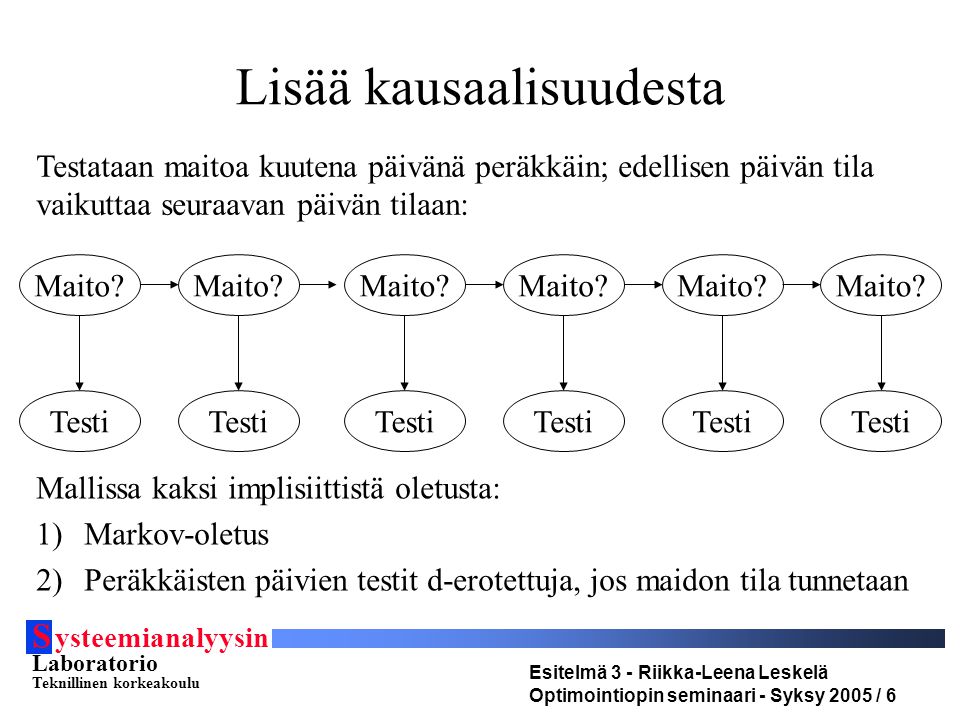 S ysteemianalyysin Laboratorio Teknillinen korkeakoulu Esitelmä 3 - Riikka-Leena Leskelä Optimointiopin seminaari - Syksy 2005 / 6 Lisää kausaalisuudesta Maito.