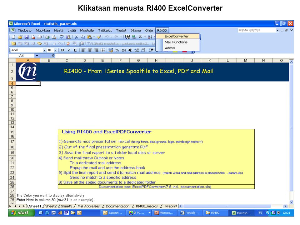 Klikataan menusta RI400 ExcelConverter