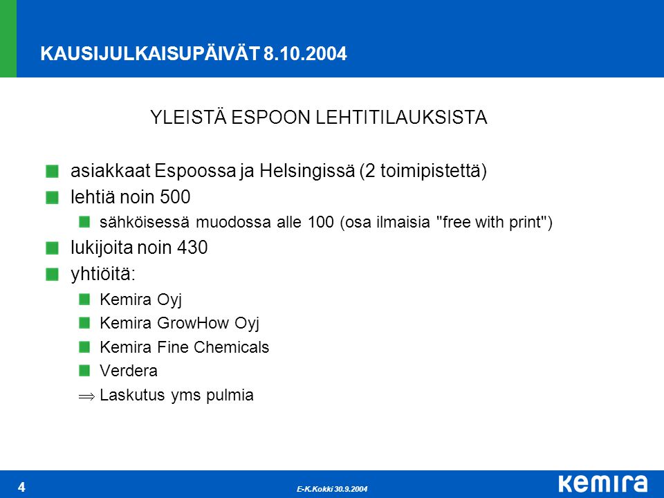 E-K.Kokki KAUSIJULKAISUPÄIVÄT YLEISTÄ ESPOON LEHTITILAUKSISTA asiakkaat Espoossa ja Helsingissä (2 toimipistettä) lehtiä noin 500 sähköisessä muodossa alle 100 (osa ilmaisia free with print ) lukijoita noin 430 yhtiöitä: Kemira Oyj Kemira GrowHow Oyj Kemira Fine Chemicals Verdera  Laskutus yms pulmia