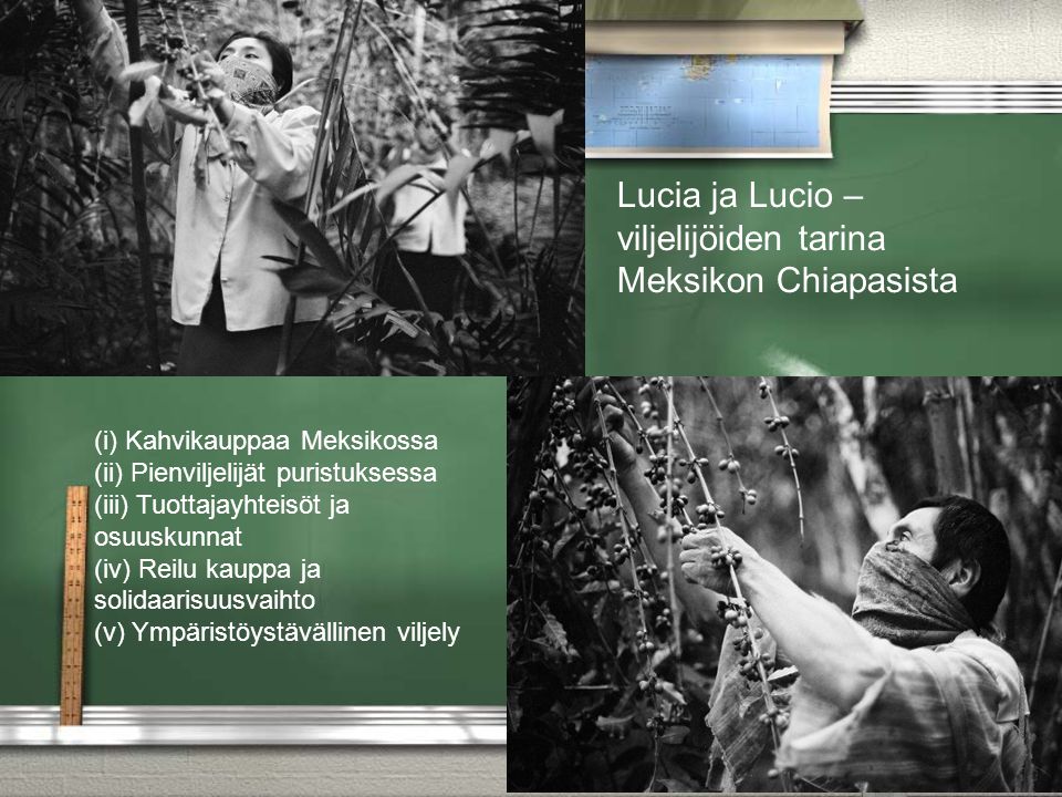 Lucia ja Lucio – viljelijöiden tarina Meksikon Chiapasista (i) Kahvikauppaa Meksikossa (ii) Pienviljelijät puristuksessa (iii) Tuottajayhteisöt ja osuuskunnat (iv) Reilu kauppa ja solidaarisuusvaihto (v) Ympäristöystävällinen viljely