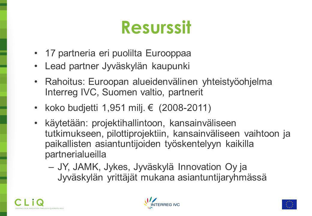 Resurssit •17 partneria eri puolilta Eurooppaa •Lead partner Jyväskylän kaupunki •Rahoitus: Euroopan alueidenvälinen yhteistyöohjelma Interreg IVC, Suomen valtio, partnerit •koko budjetti 1,951 milj.