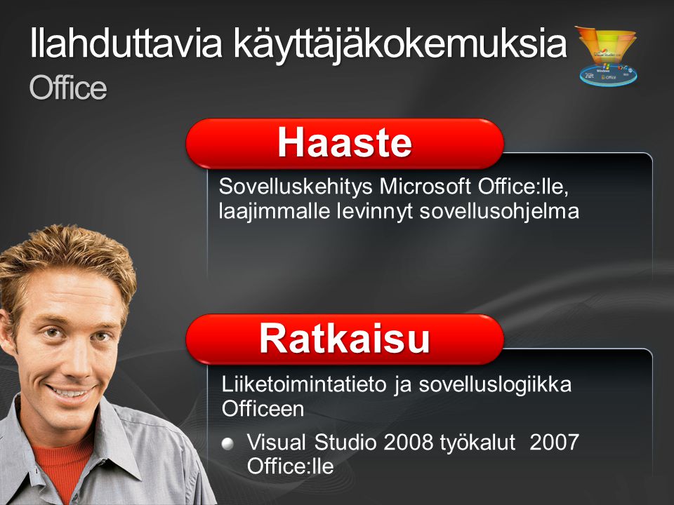Ilahduttavia käyttäjäkokemuksia Office Sovelluskehitys Microsoft Office:lle, laajimmalle levinnyt sovellusohjelma HaasteHaaste RatkaisuRatkaisu Liiketoimintatieto ja sovelluslogiikka Officeen Visual Studio 2008 työkalut 2007 Office:lle