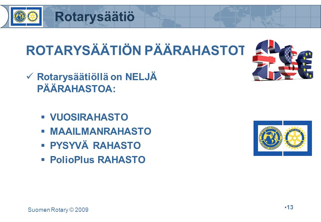 Rotarysäätiö Suomen Rotary © ROTARYSÄÄTIÖN PÄÄRAHASTOT Rotarysäätiöllä on NELJÄ PÄÄRAHASTOA:  VUOSIRAHASTO  MAAILMANRAHASTO  PYSYVÄ RAHASTO  PolioPlus RAHASTO