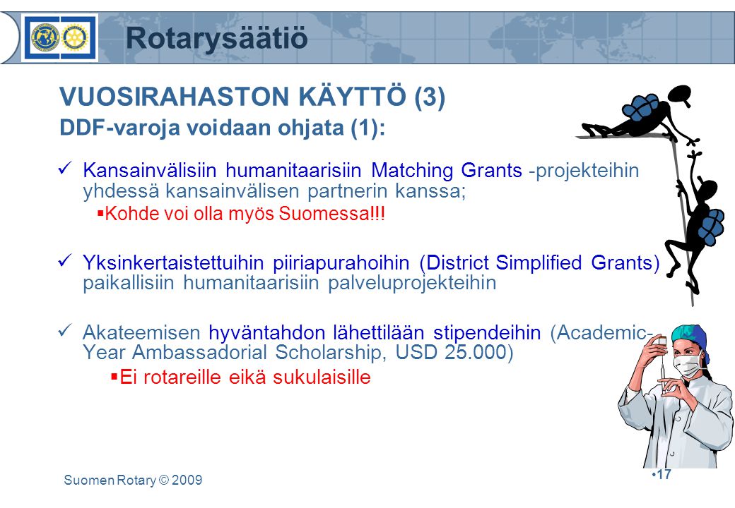 Rotarysäätiö Suomen Rotary © VUOSIRAHASTON KÄYTTÖ (3) Kansainvälisiin humanitaarisiin Matching Grants -projekteihin yhdessä kansainvälisen partnerin kanssa;  Kohde voi olla myös Suomessa!!.