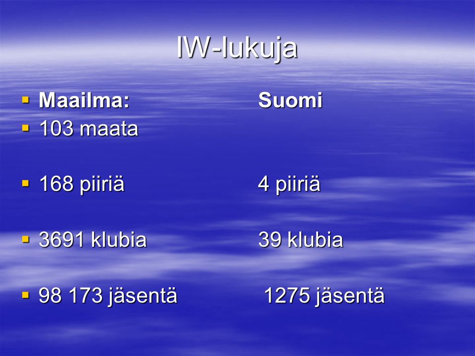 IW-lukuja  Maailma:Suomi  103 maata  168 piiriä4 piiriä  3691 klubia39 klubia  jäsentä 1275 jäsentä