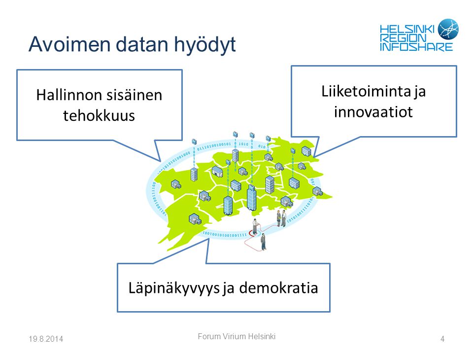 Avoimen datan hyödyt Forum Virium Helsinki 4 Hallinnon sisäinen tehokkuus Liiketoiminta ja innovaatiot Läpinäkyvyys ja demokratia