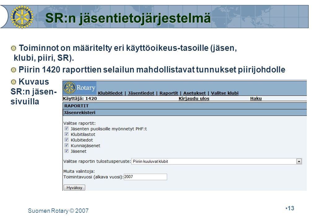 Suomen Rotary © SR:n jäsentietojärjestelmä Toiminnot on määritelty eri käyttöoikeus-tasoille (jäsen, klubi, piiri, SR).