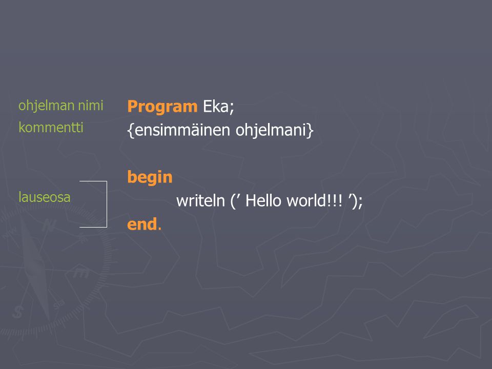 Program Eka; {ensimmäinen ohjelmani} begin writeln (’ Hello world!!.