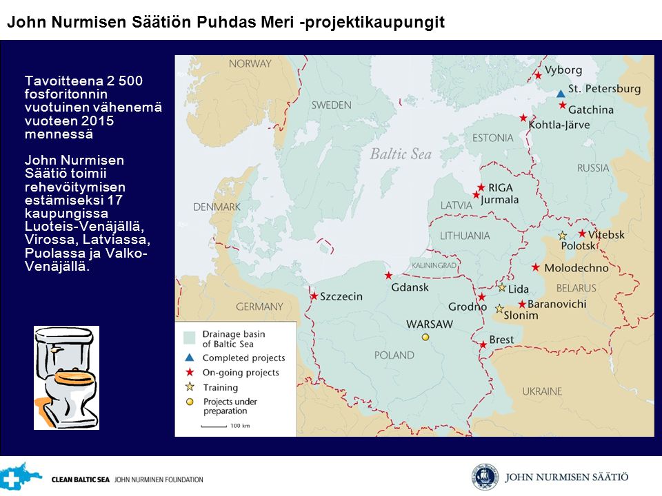 Tavoitteena fosforitonnin vuotuinen vähenemä vuoteen 2015 mennessä John Nurmisen Säätiö toimii rehevöitymisen estämiseksi 17 kaupungissa Luoteis-Venäjällä, Virossa, Latviassa, Puolassa ja Valko- Venäjällä.