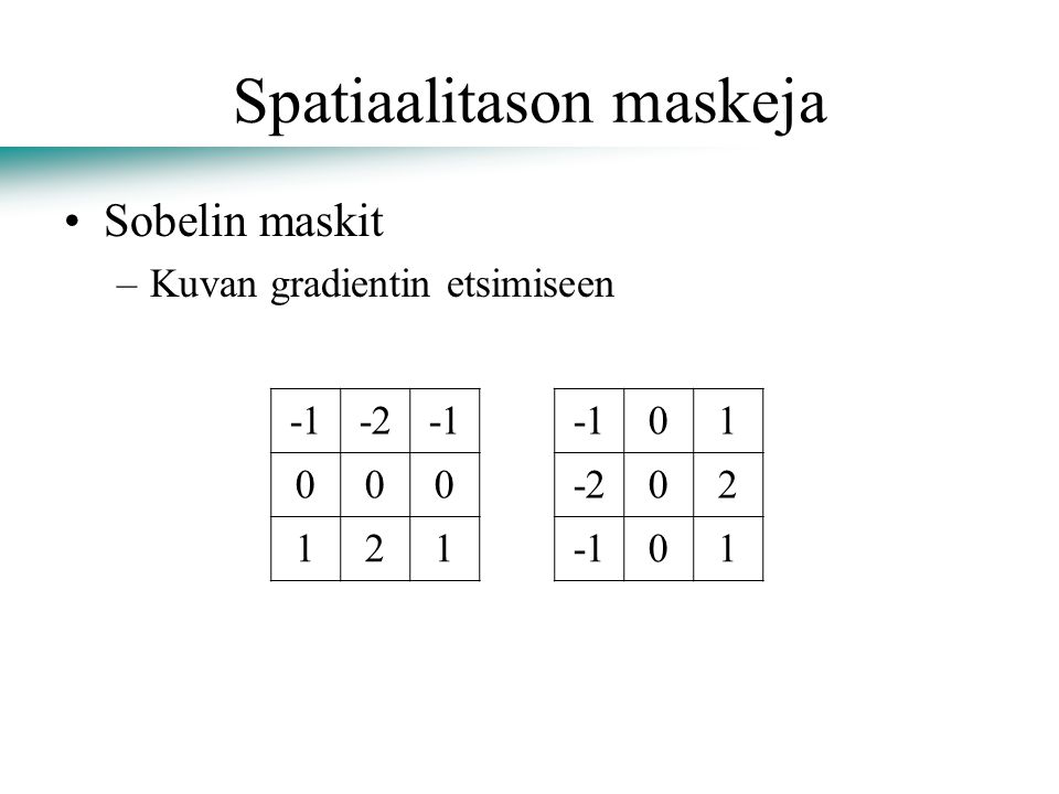 Spatiaalitason maskeja Sobelin maskit –Kuvan gradientin etsimiseen