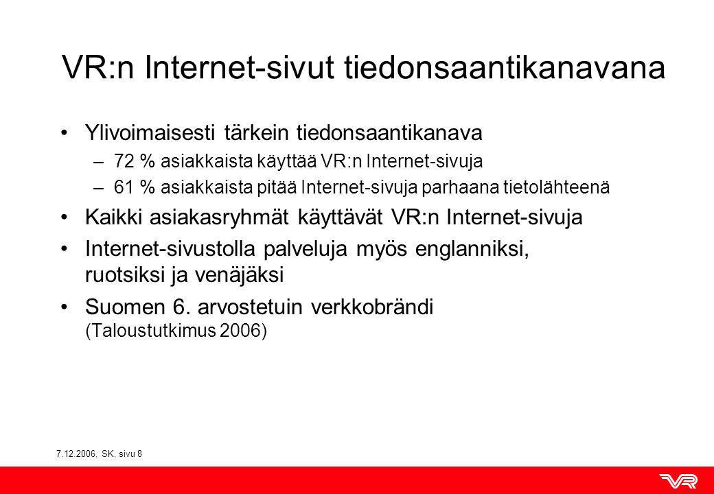 , SK, sivu 8 VR:n Internet-sivut tiedonsaantikanavana Ylivoimaisesti tärkein tiedonsaantikanava –72 % asiakkaista käyttää VR:n Internet-sivuja –61 % asiakkaista pitää Internet-sivuja parhaana tietolähteenä Kaikki asiakasryhmät käyttävät VR:n Internet-sivuja Internet-sivustolla palveluja myös englanniksi, ruotsiksi ja venäjäksi Suomen 6.