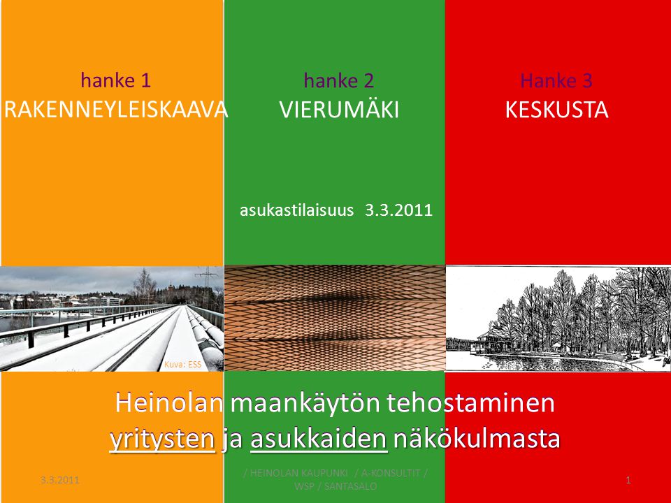 hanke 1 RAKENNEYLEISKAAVA Heinolan maankäytön tehostaminen yritysten ja asukkaiden näkökulmasta / HEINOLAN KAUPUNKI / A-KONSULTIT / WSP / SANTASALO Kuva: ESS yritysten ja asukkaiden näkökulmasta Heinolan maankäytön tehostaminen yritysten ja asukkaiden näkökulmasta asukastilaisuus Hanke 3 KESKUSTA hanke 2 VIERUMÄKI