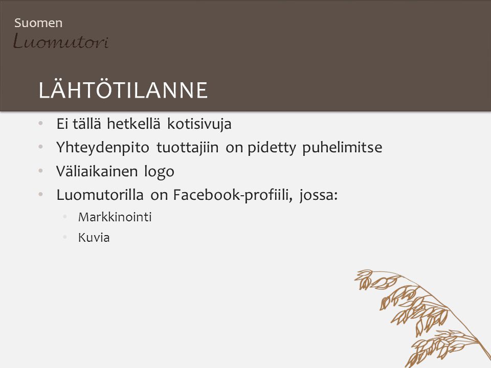 Suomen LÄHTÖTILANNE Ei tällä hetkellä kotisivuja Yhteydenpito tuottajiin on pidetty puhelimitse Väliaikainen logo Luomutorilla on Facebook-profiili, jossa: Markkinointi Kuvia