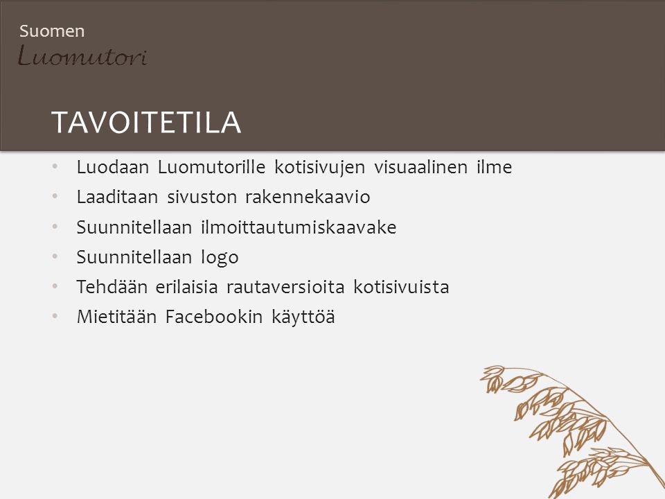 Suomen TAVOITETILA Luodaan Luomutorille kotisivujen visuaalinen ilme Laaditaan sivuston rakennekaavio Suunnitellaan ilmoittautumiskaavake Suunnitellaan logo Tehdään erilaisia rautaversioita kotisivuista Mietitään Facebookin käyttöä