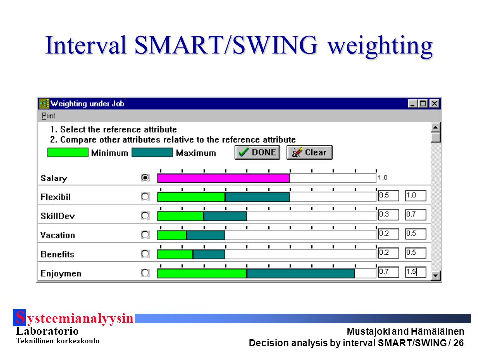 S ysteemianalyysin Laboratorio Teknillinen korkeakoulu Mustajoki and Hämäläinen Decision analysis by interval SMART/SWING / 26 Interval SMART/SWING weighting