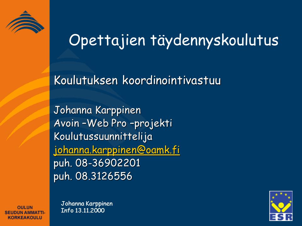 Opettajien täydennyskoulutus Koulutuksen koordinointivastuu Johanna Karppinen Avoin –Web Pro –projekti Koulutussuunnittelija puh.