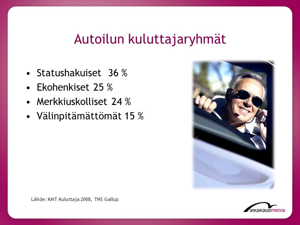 Autoilun kuluttajaryhmät Statushakuiset 36 % Ekohenkiset 25 % Merkkiuskolliset 24 % Välinpitämättömät 15 % Lähde: KMT Kuluttaja 2008, TNS Gallup