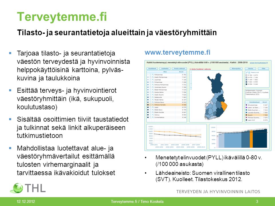 Terveytemme.fi / Timo Koskela3 Terveytemme.fi Tilasto- ja seurantatietoja alueittain ja väestöryhmittäin   Menetetyt elinvuodet (PYLL) ikävälillä 0-80 v.